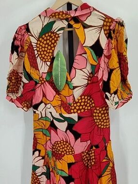 Farm Rio Floral A Line Dress Size L NWT $235 V-Neck Puff Sleeve